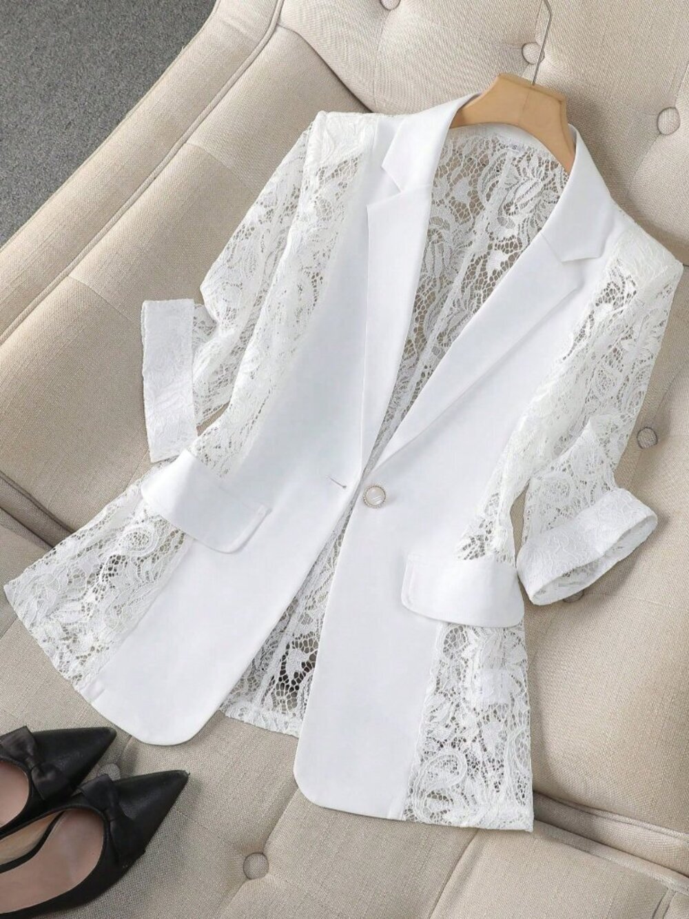 White Elegant Women's Sheer Blazer Jacket 3/4 Sleeve Casual Office Wear